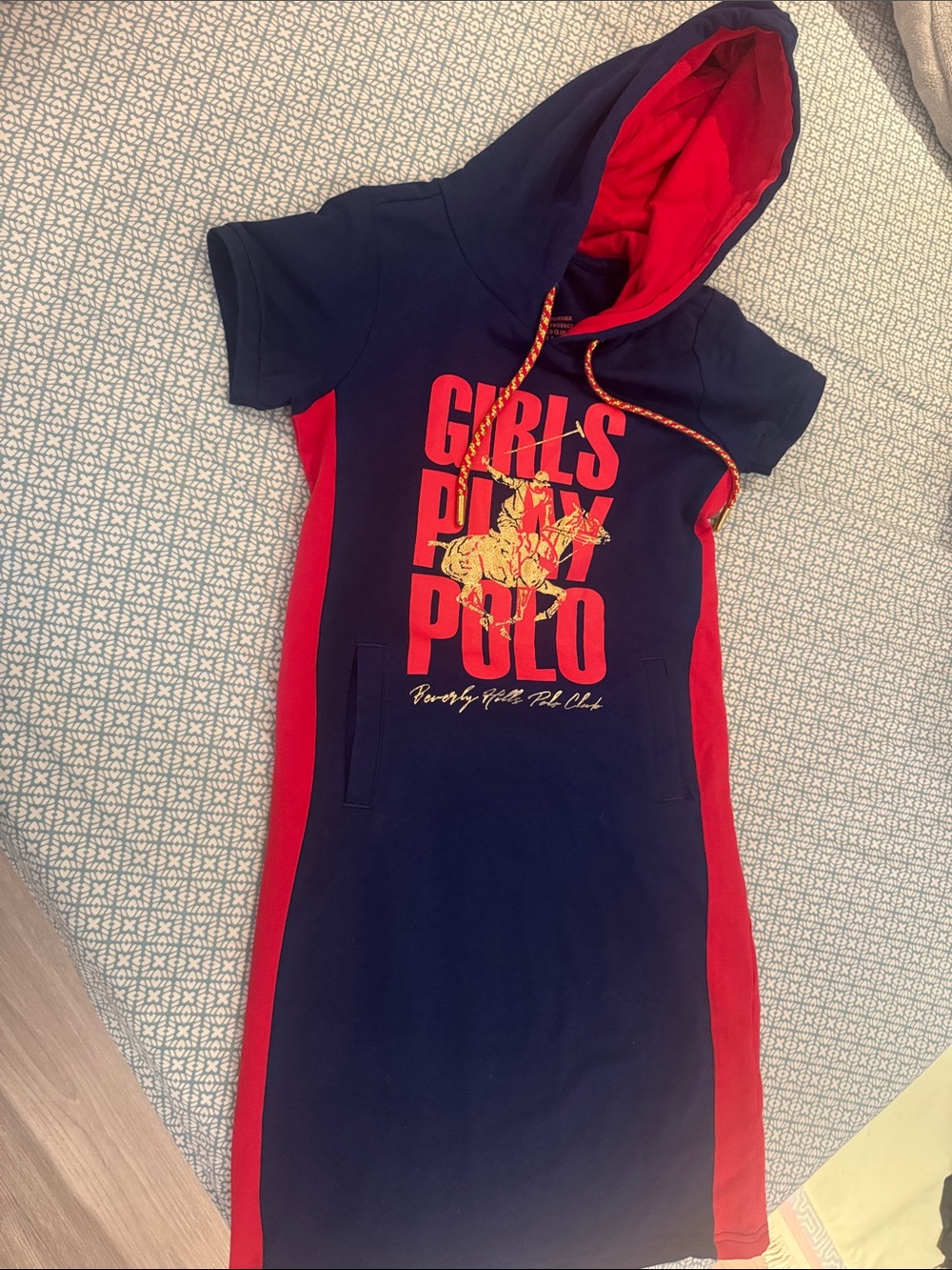 Beverly Hills Polo Club Girls Play Polo Navy and Red Hooded Dress